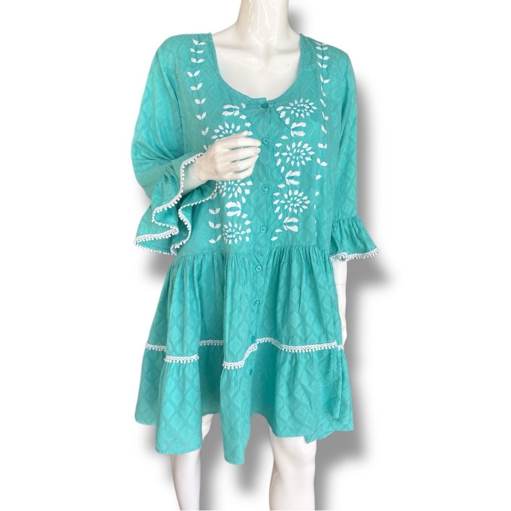 Moda Posa Green Boho Cotton Dress with White Embroidery. Women’s Size X-Large